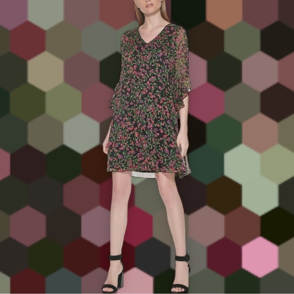 NWOT Calvin Klein Black / Pink Floral Bell Sleeve Chiffon Overlay Shift Dress 4 - Picture 2 of 14